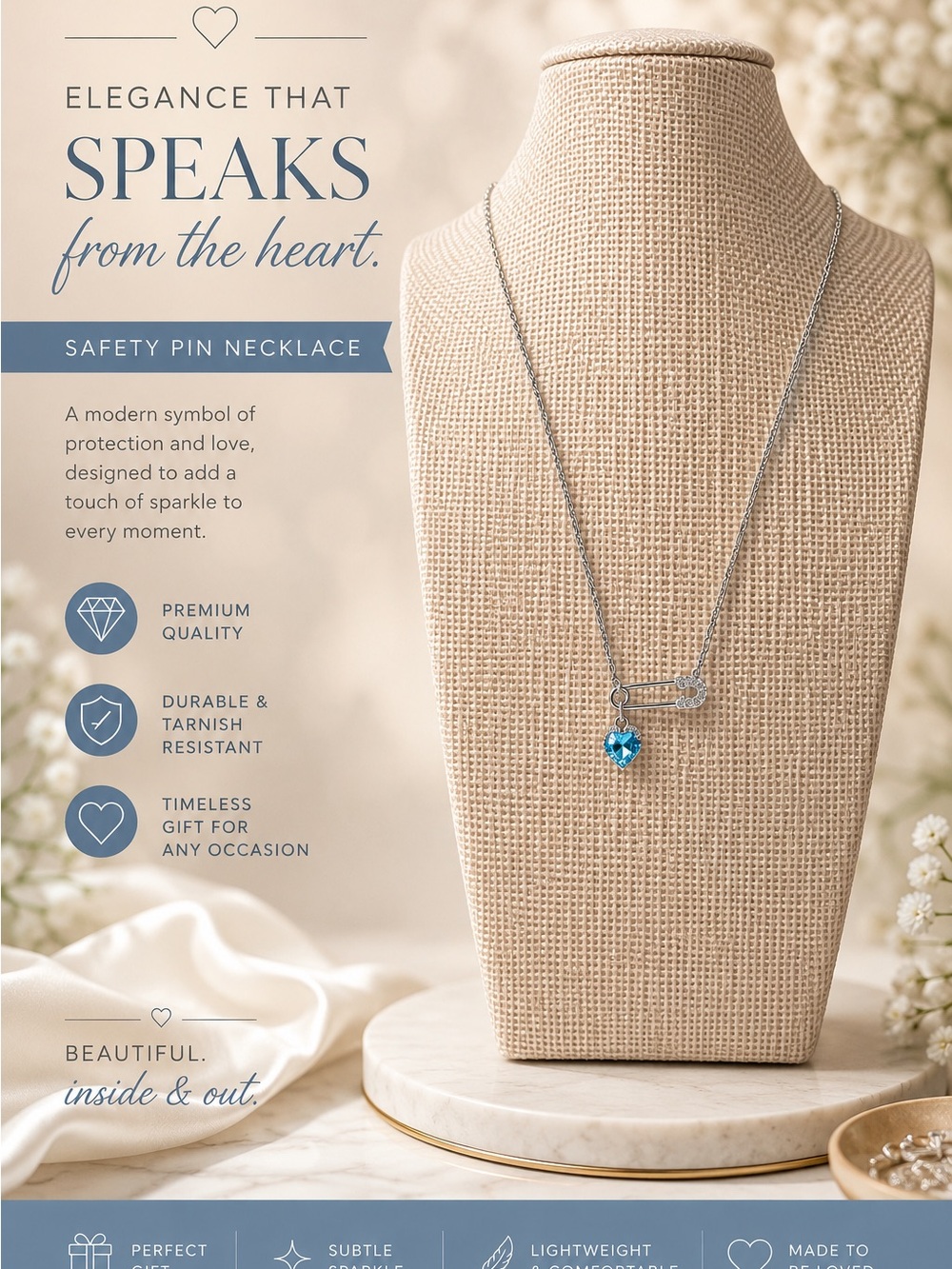 Safety Pin Necklace with Blue Heart Pendant - Women Jewelry